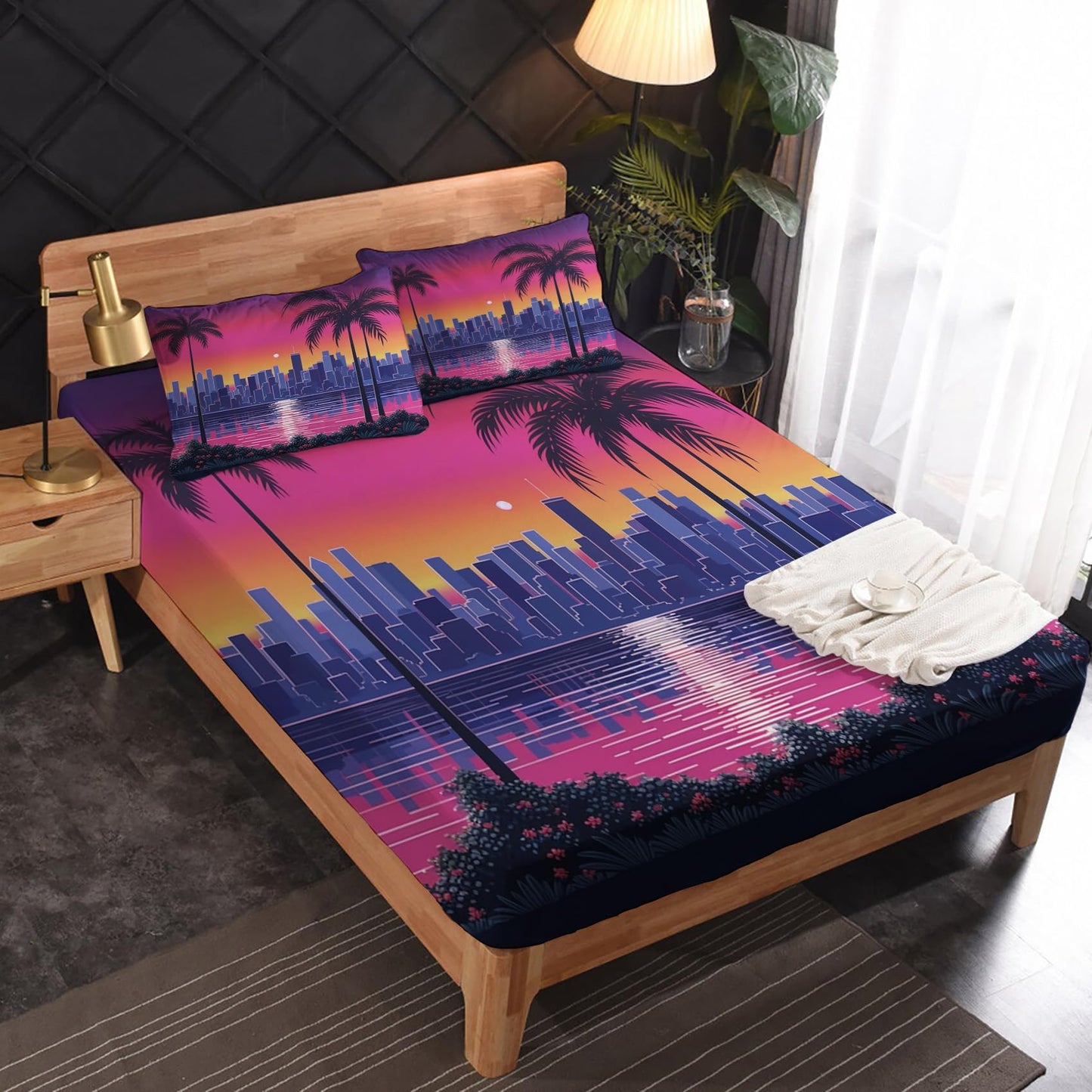 zcsm Tropical Palm Tree Sheets King Sheet Sets - Neon Hawaiian City Bed Sheets, Soft Microfiber & Deep Pocket & Wrinkle Free Bedding Sheets & Pillowcases, 1 Fitted Sheet, 1 Flat Sheet, 2 Pillow Cases