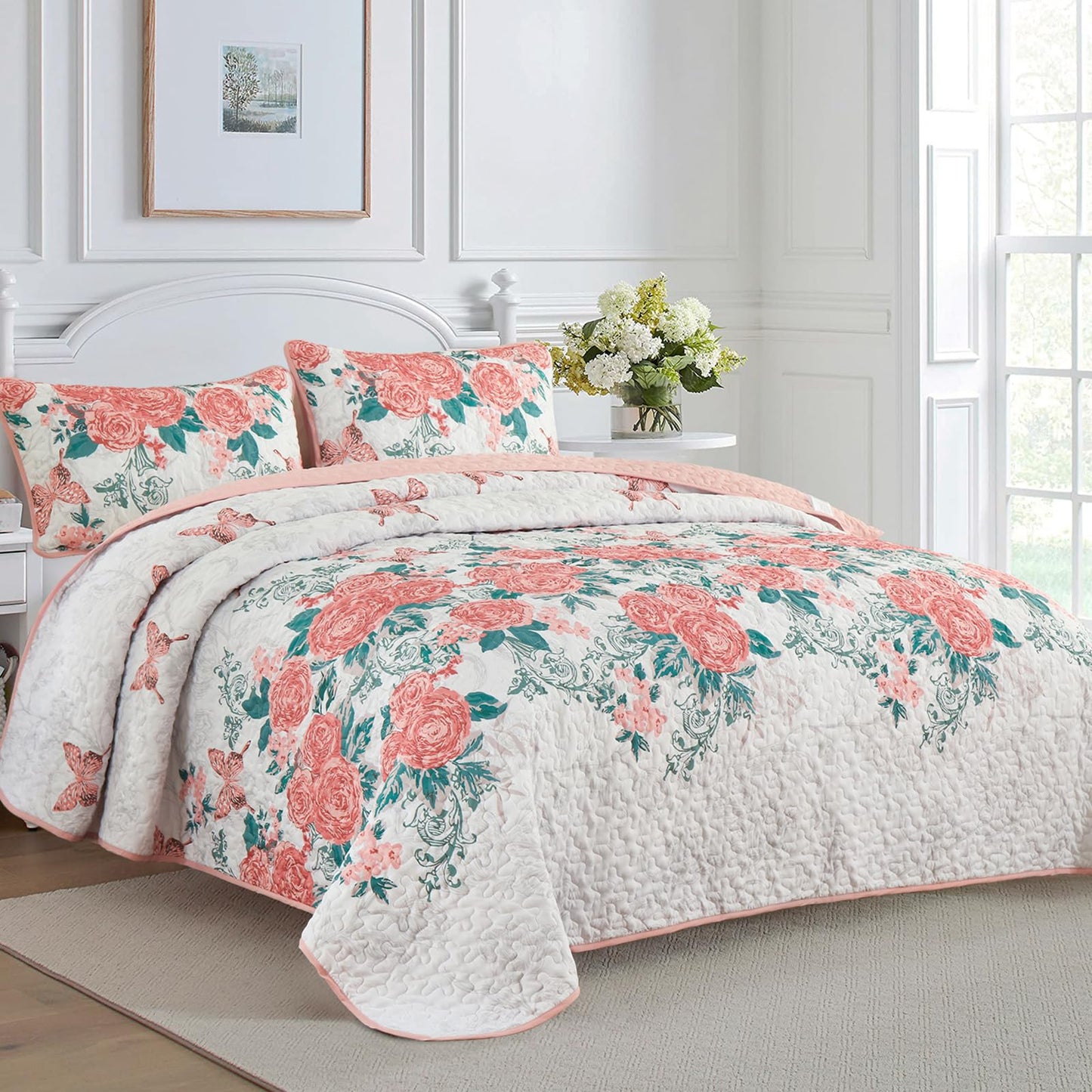 Yiran Pink Floral Quilt Set Queen Size Summer Botanical Bedspreads Bedding Set 3 Pieces Lightweight Rose Flowers Printed Coverlet with 2 Pillow Shams for All Season 96x90 Inch