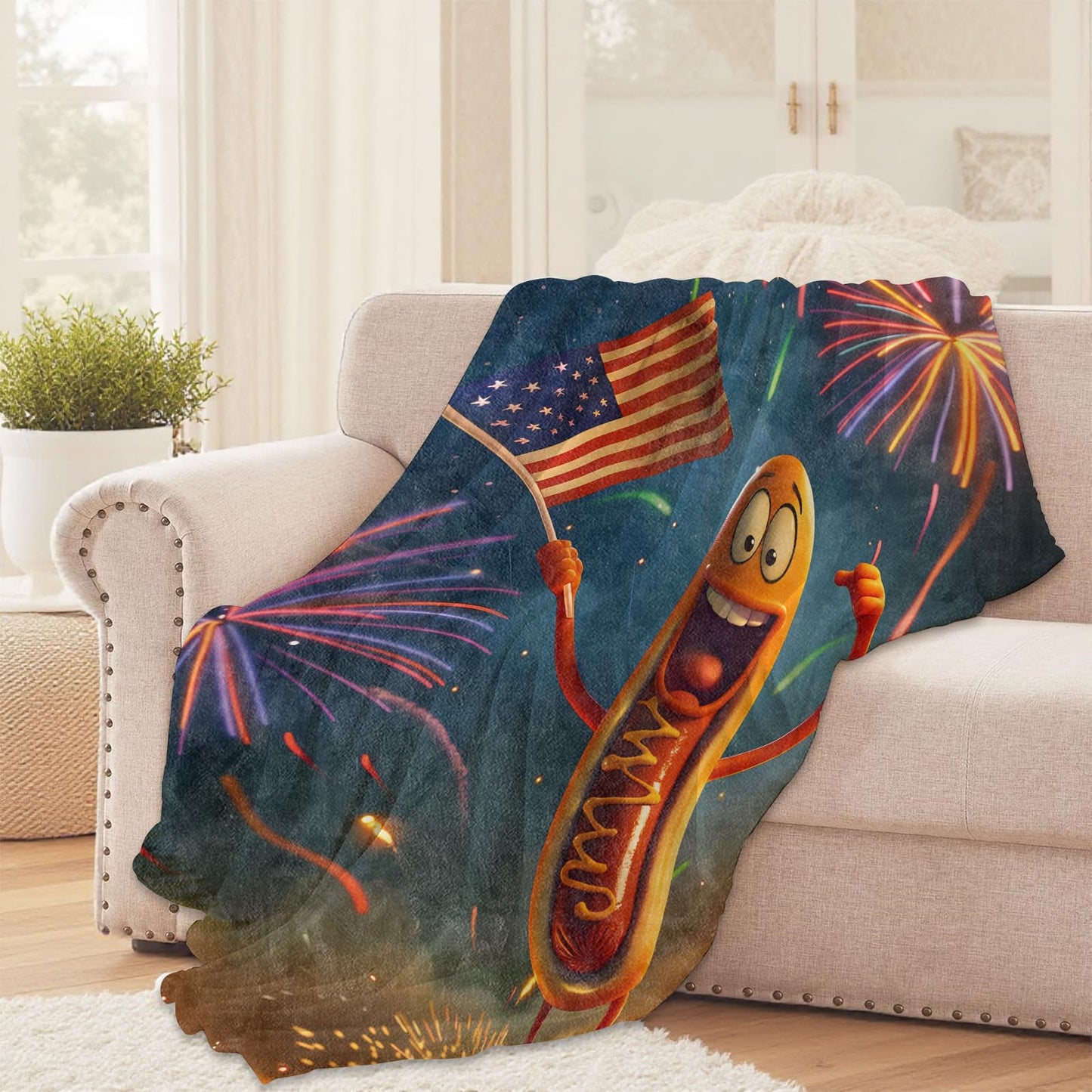 Hot Dog with American Flag Throw Blanket for Girls Boys Kids Adults, 50x60 in, Cozy Flannel Blanket for Bedroom, Camping, Couch, Room Decor, Fuzzy Warm Soft Gifts