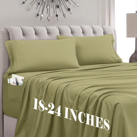 Mocassi Full Size 4-Piece Bed Sheet Set - 1800 Premium Hotel Quality Microfiber 18-24 Inches Extra Deep Pocket Fitted Sheet- Luxury Soft, Breathable, Wrinkle, and Fade Resistant, Sage Green