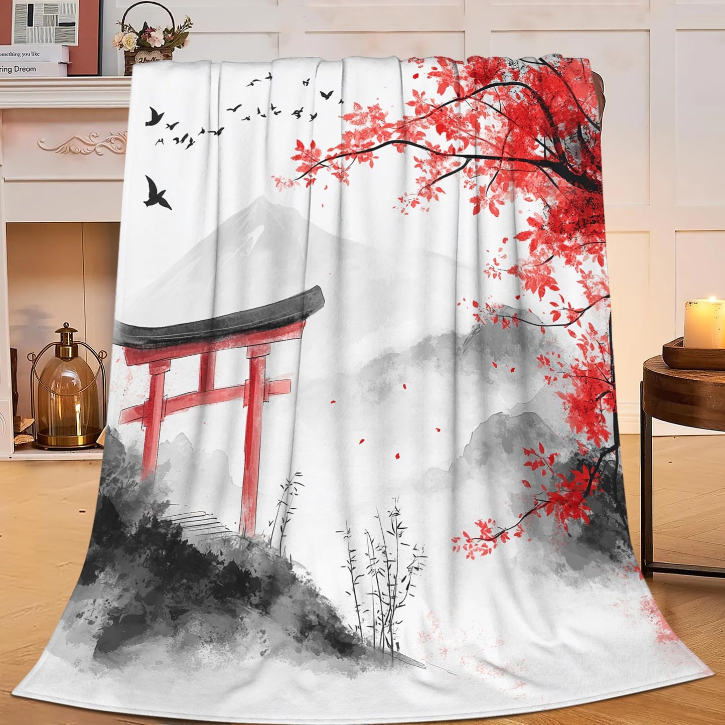 Japanese Samurai Blanket for Women Mens, Japanese Cherry Blossom Fleece Blanket Gifts for Boys Girls, Warm Cozy Soft Flannel Stuff for Bed Sofa Couch 50" x 40"