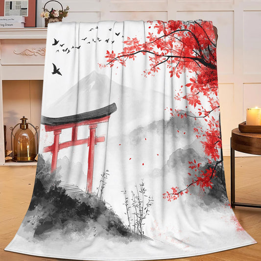 Japanese Samurai Blanket for Women Mens, Japanese Cherry Blossom Fleece Blanket Gifts for Boys Girls, Warm Cozy Soft Flannel Stuff for Bed Sofa Couch 50" x 40"