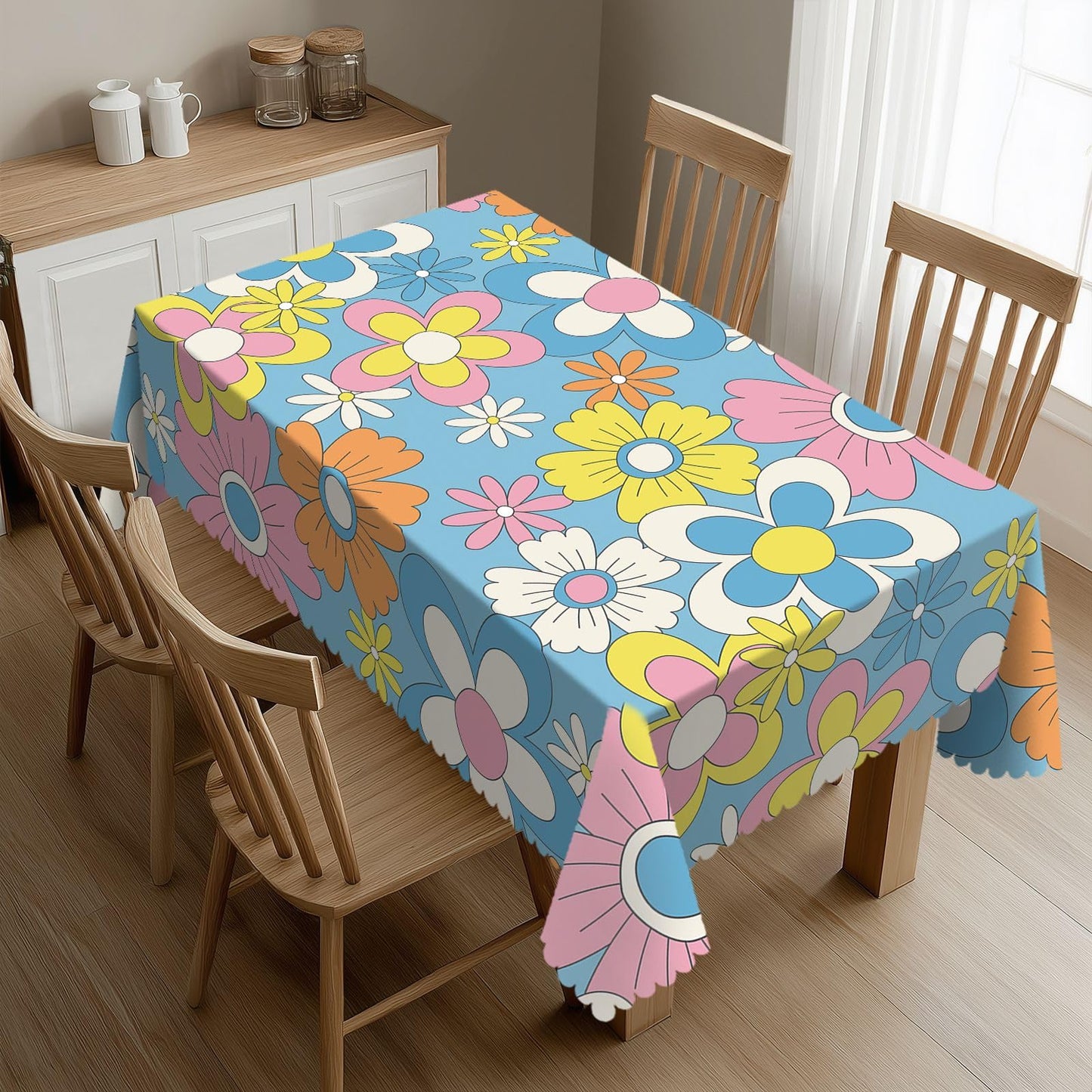 DRAVVIX Daisy Retro Groovy Rectangular Tablecloth Flower Table Cloth with Wavy Lace Decoration Polyester Table Cover for Dining, Parties 54x72 inch