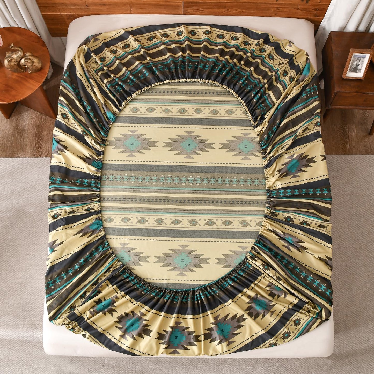 Chezmoi Collection Prescott 3-Piece Southwestern Microfiber Sheet Set, Printed Geometric Tribal Multicolor Teal Beige Black Gray Bed Sheets, Twin XL Size