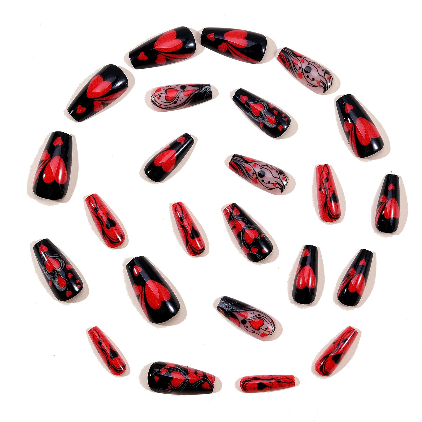 MERVF Coffin Press on Nails Long, Black Red Fake Nails Heart Striped Glue ons Goth Design Acrylic Nail Glossy 24pcs