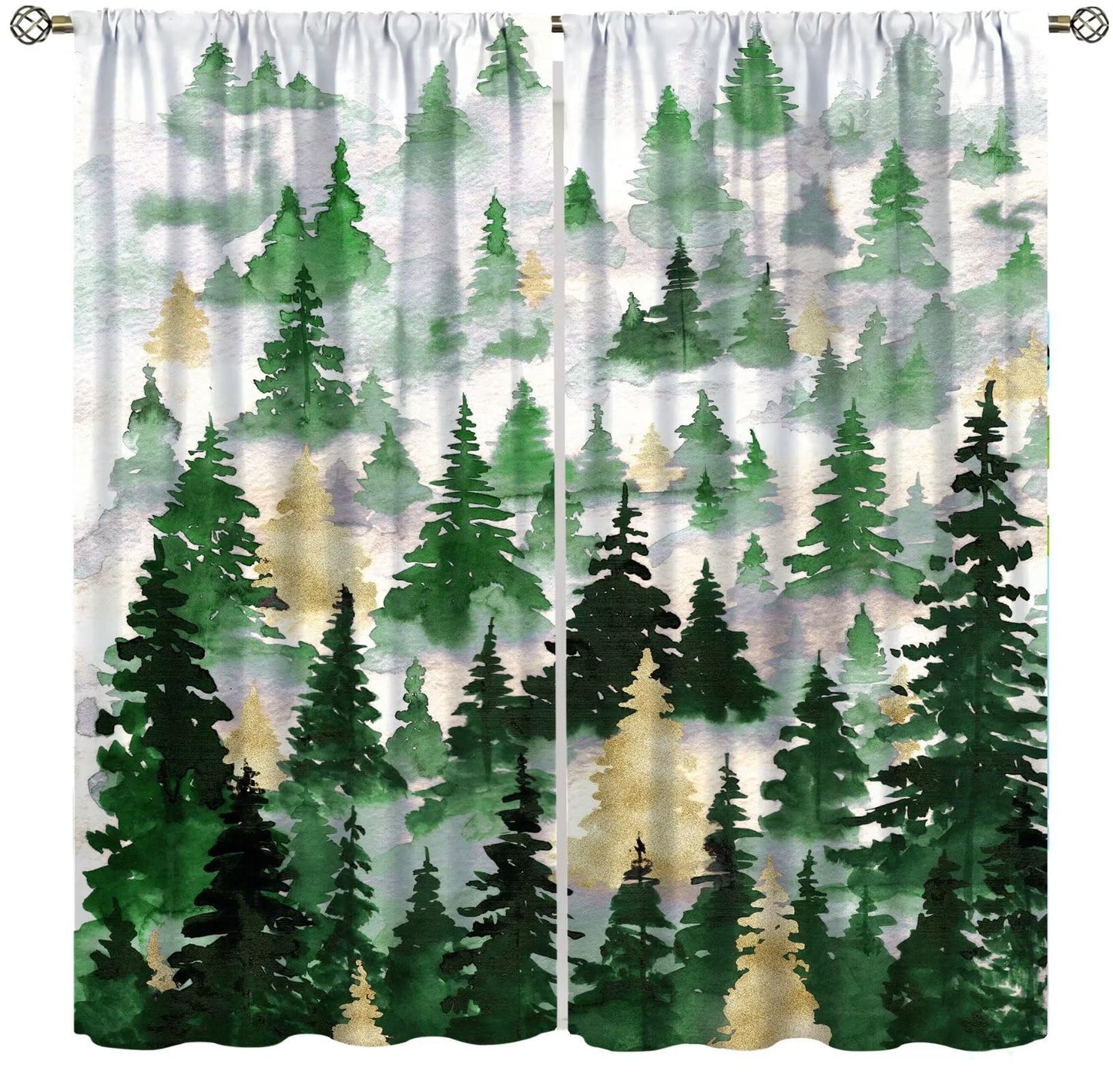 SXXLDNG Green Gold Forest Curtains, Nature Tree Misty Forest Silhouette Landscape Window Treatments Curtains,Tree Woodland Curtains Rod Pocket Drapes for Living Room Bedroom, 42x63in