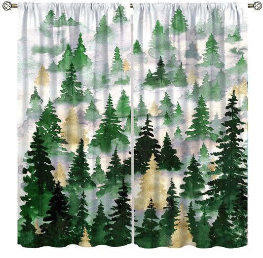 SXXLDNG Green Gold Forest Curtains, Nature Tree Misty Forest Silhouette Landscape Window Treatments Curtains,Tree Woodland Curtains Rod Pocket Drapes for Living Room Bedroom, 42x63in