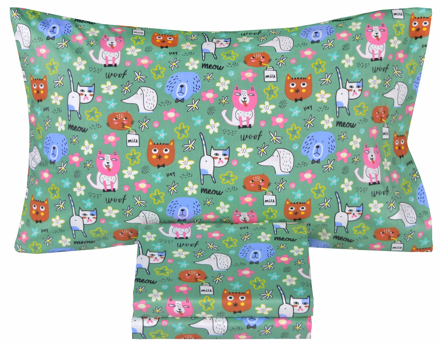 Scientific Sleep Cats Dogs Puppy Green Funny Free & Easy Vibrant Happy Fun 100% Cotton Cozy Twin Bed Sheet Set, Flat Sheet & Fitted Sheet & Pillowcase Boys Girls Kids Bedding Set