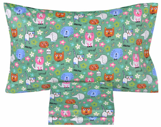 Scientific Sleep Cats Dogs Puppy Green Funny Free & Easy Vibrant Happy Fun 100% Cotton Cozy Twin Bed Sheet Set, Flat Sheet & Fitted Sheet & Pillowcase Boys Girls Kids Bedding Set