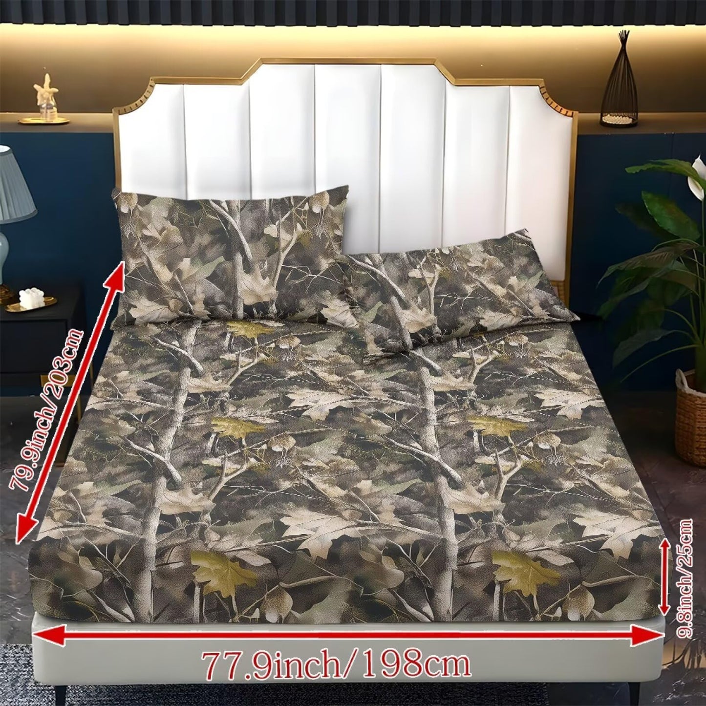 ZDCUSTOM XL Size Sheet Set Stretchy Fitted Bed Sheet Comfy Fade Resistant Bedsheet & Pillowcases with All Around Elastic Stay in Place for Bedroom Decor Branch Leaf Camo, 39" x 79"