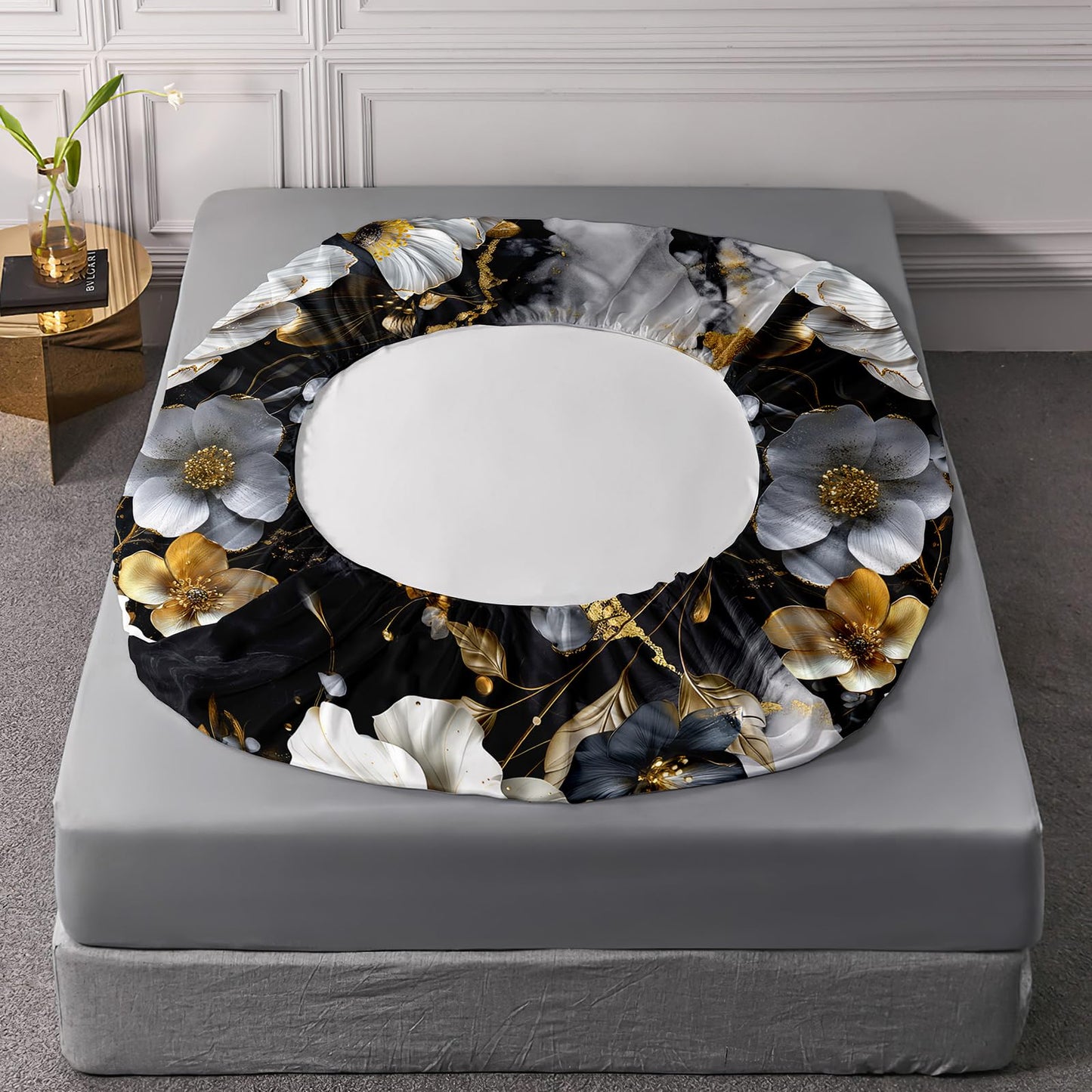 AILONEN Floral Fitted Sheet Set Queen Size, Blossom Marble Pattern Bedding Set for Kids Teens Adults,Black and White Bed Sheet Set,1 Fitted Sheet and 2 Pillowcases,3Pcs