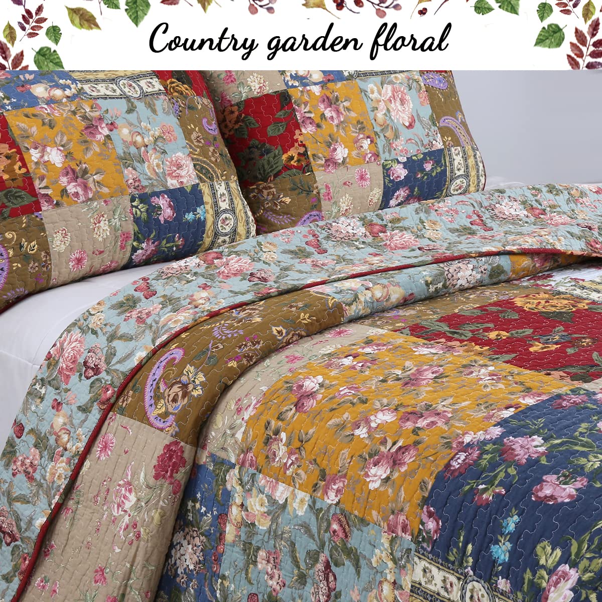 Cozy Line Home Fashions 100% Cotton Hand Piecing Real Patchwork Floral Plaid Country Farmhouse Reversible Quilt Bedding Set Coverlet Bedspread for All Seasons (Khaki Red, King - 3 Piece)