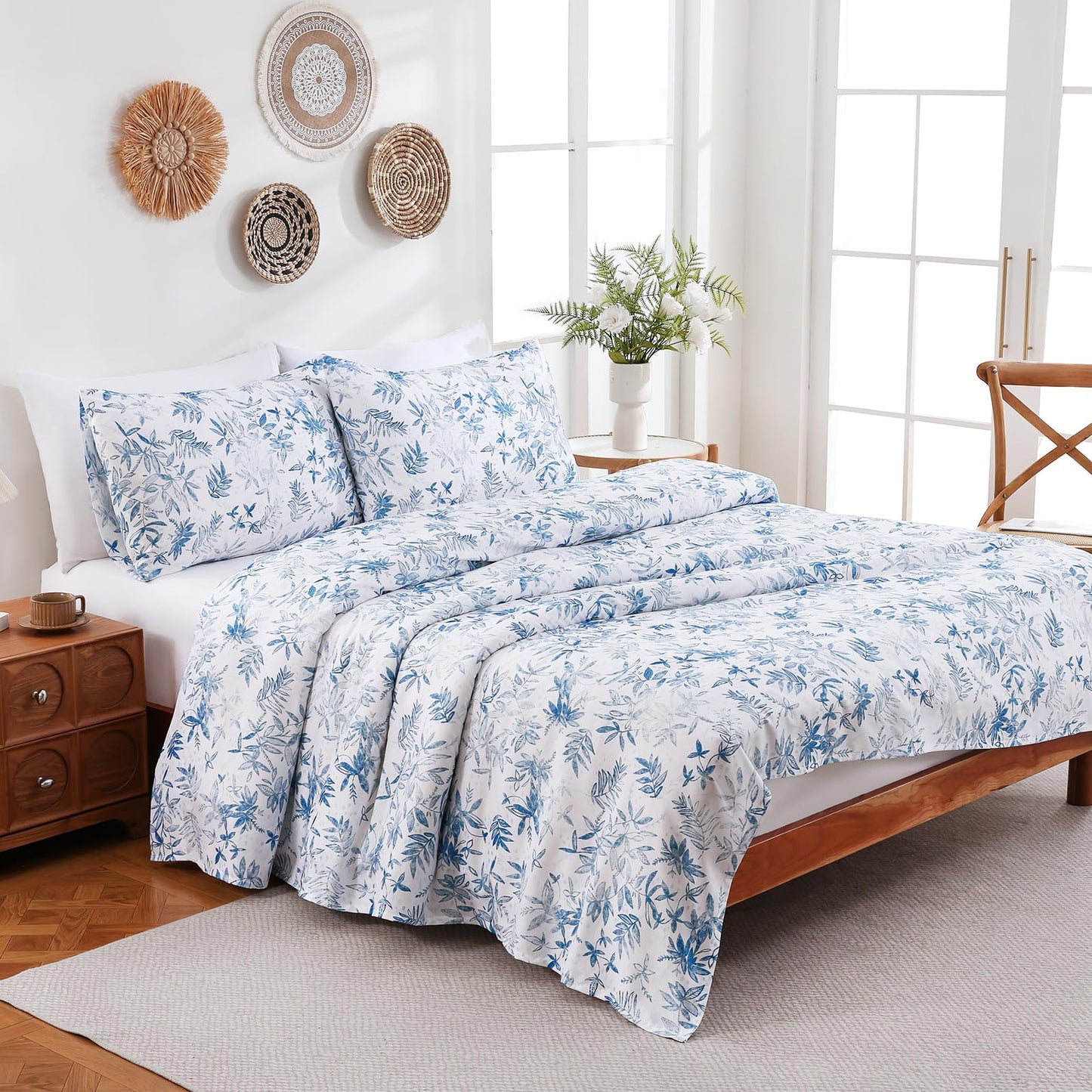 Swiftify Botanical Queen Bed Sheets Set 6-Piece, Boho Floral Brushed Microfiber Sheets, Cooling Bed Sheet Set, Soft & Breathable, 16' Deep Pocket Fitted Sheet & Pillowcase Set, Blue Fern Whisper