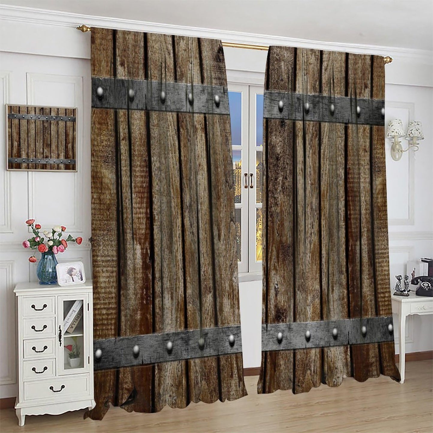 Nanacur Vintage Wooden Door Curtains, Barn Farmhouse Wooden Country Cabin Rod Pocket Window Treatment for Bedroom Living Room Kitchen Drapes 41" W X 45" L (No Blackout)