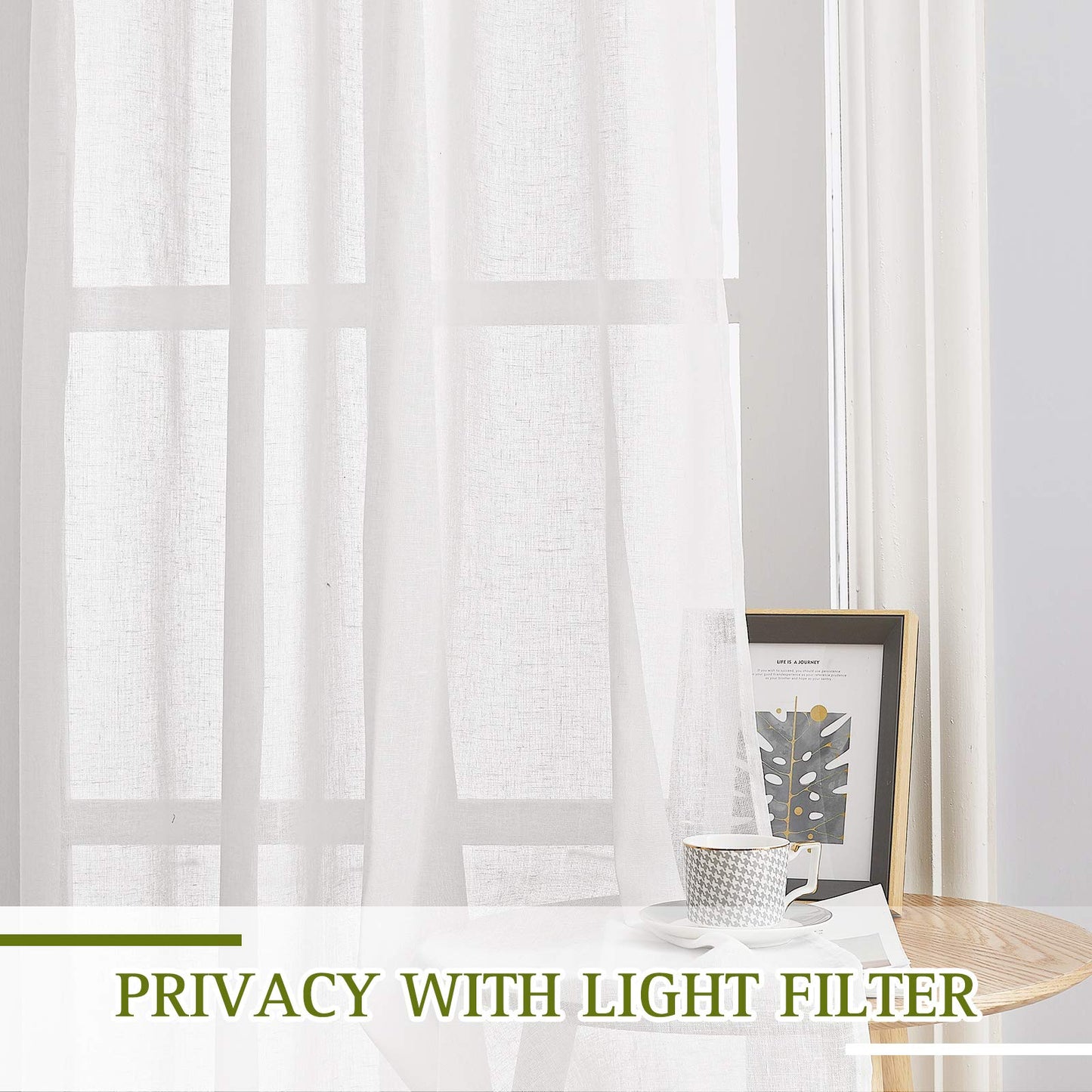 NICETOWN White Sheer Linen Curtains for Living Room 84 inch Length 2 Panels Set, Grommet Semi Sheer Privacy with Light Filtering Flax Window Treatments for Bedroom, W52 x L84