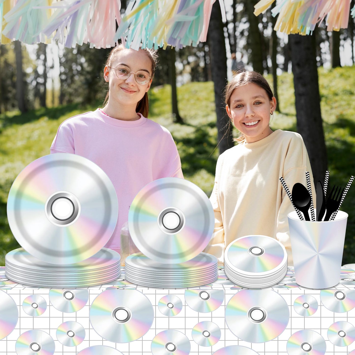 CC HOME 1Pc CD Disc Party Plastic Tablecloth 54 x 87 Inch Long Table Cover, CD Disc Music Party Tablecover for Music Festival Theme Kids Baby Shower Birthday Dinner Picnic Kitchen Event