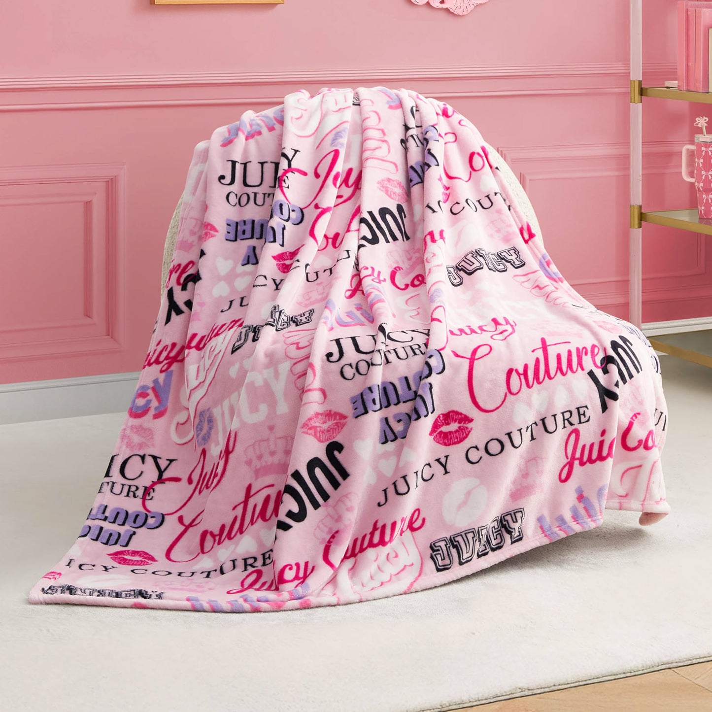 Juicy Couture Icon Collage 50" x 70" Plush Throw Blanket, Pink - Decorative Blankets for Sofas, Throws for Chairs, and Beds