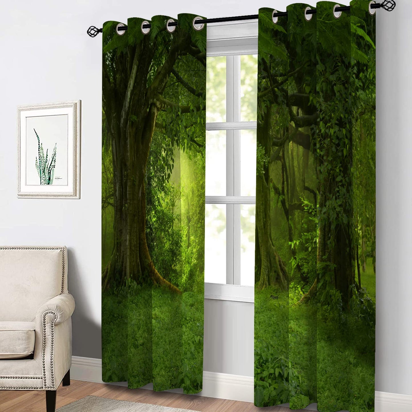 Aimego Forest Blackout Curtains Green Tree Tropical Jungle Rainforest Woodland Window Drapes Decor for Bedroom Living Room Grommet Top Room Darkening Curtains 2 Panel Set, 52"X63"