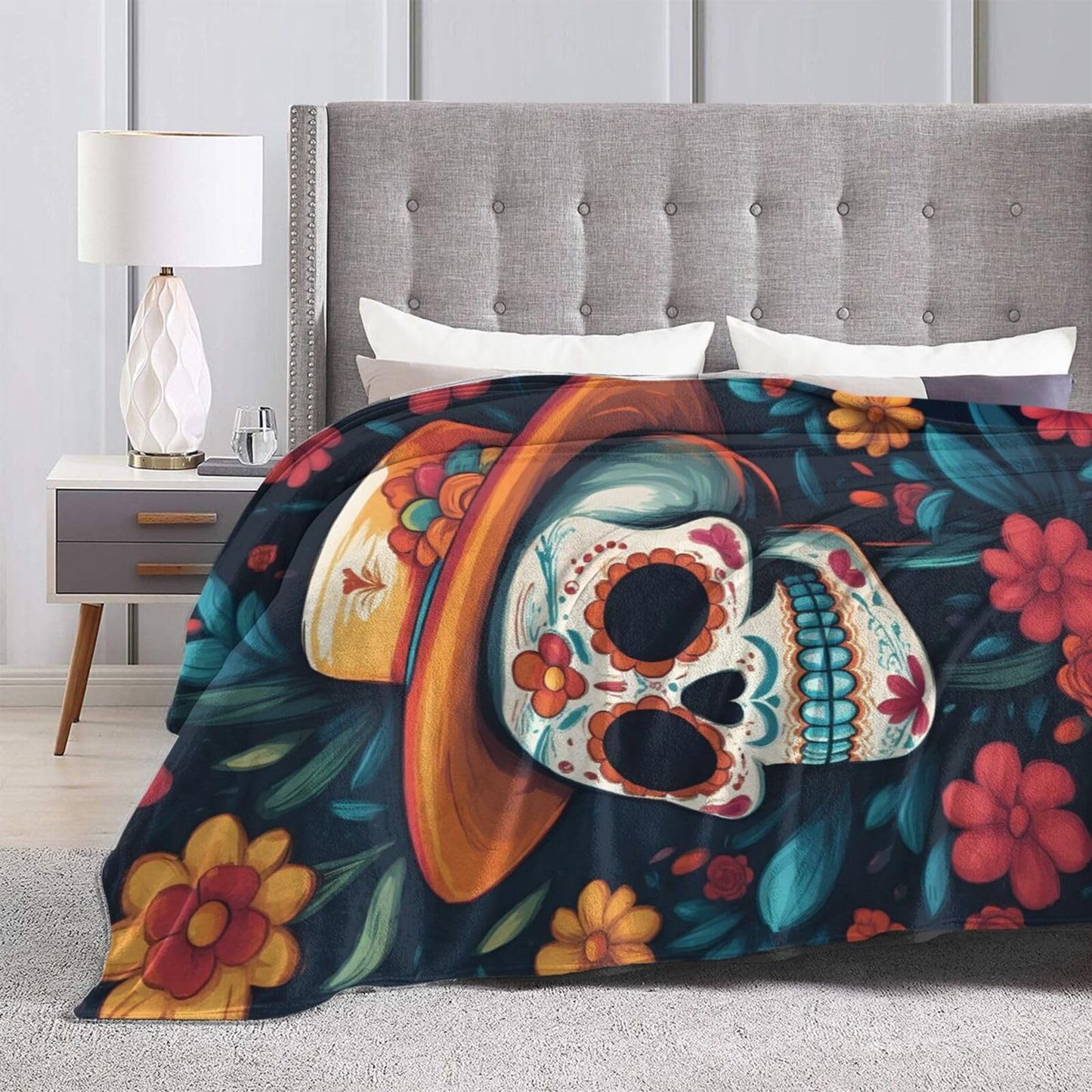 Colorful Skull and Flowers Throw Blanket Soft Lightweight Flannel Fleece Blanket 50"X40" for Bed Sofa Couch Camping Travel