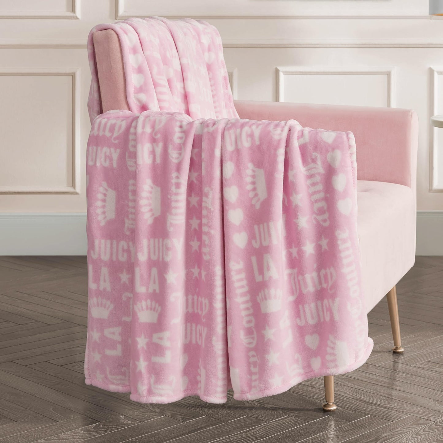 Juicy Couture Luxurious Throw Blanket for Couch - 50” x 70” Inches - Crown Royal Blanket - Plush & Cozy Throw Blanket - Decorative Blankets for Sofas, Throws for Chairs, and Beds – Pink/White