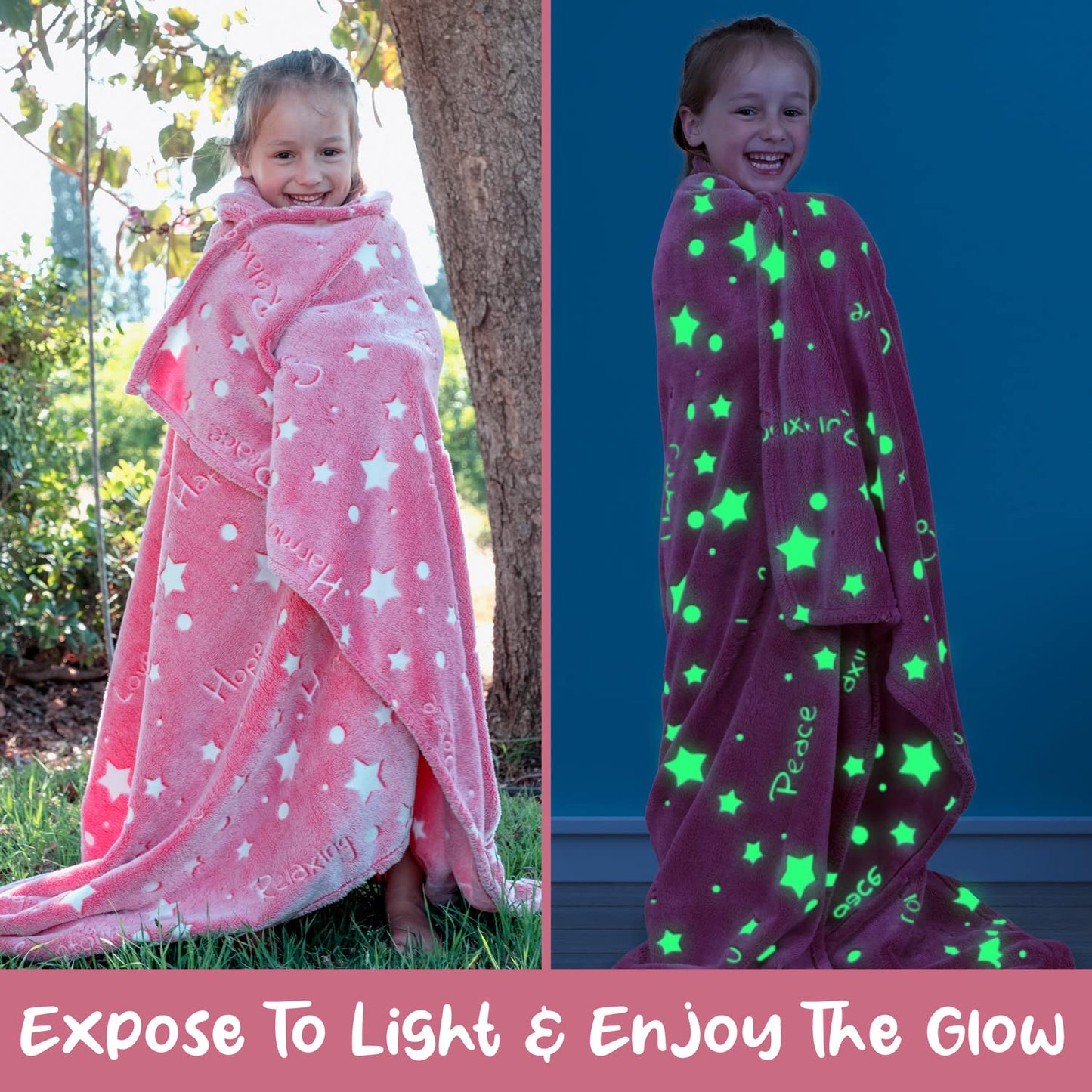 Glow in the Dark Throw Blanket, Super Soft Fuzzy Plush Fleece, Decorated with Stars and Words of Encouragement, Birthday Gift for Girls Kids Women Teens Grandkids Toddlers, Pink, 50" x 60"