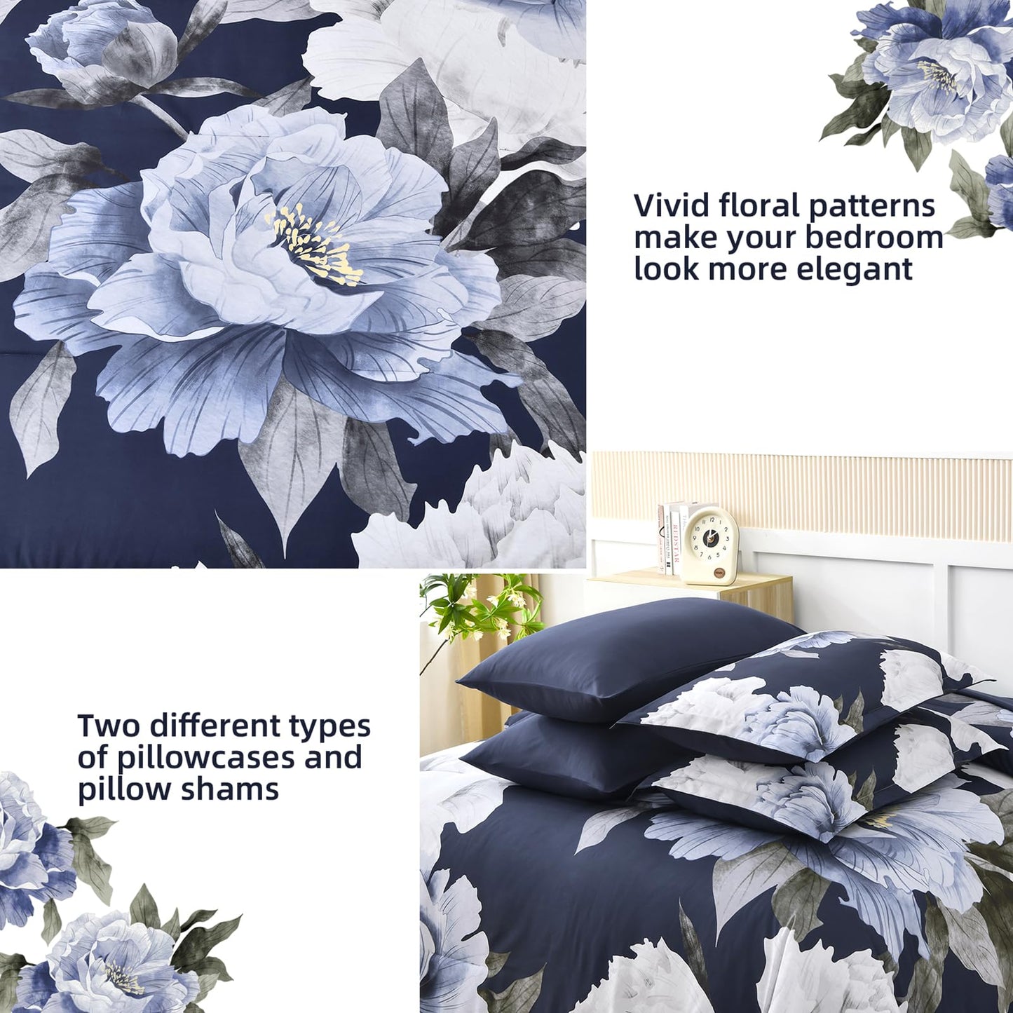 Dobuyly Navy Blue Comforter Set Queen Size 7 Piece Bed in a Bag, Floral Comforter Set with Sheets, Soft Microfiber Botanical Flowers Complete Bedding Set for All Season