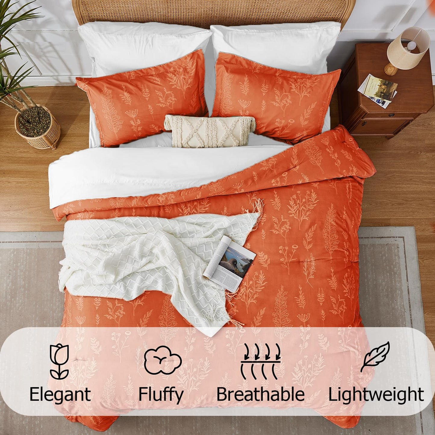 Kozyhvn Twin XL Comforter Set Burnt Orange, Cute Floral Bed in a Bag Twin XL Boho 5 Pieces, Soft Fluffy Bedding Sets with Comforter, Sheets, Pillowcase & Sham, All Season