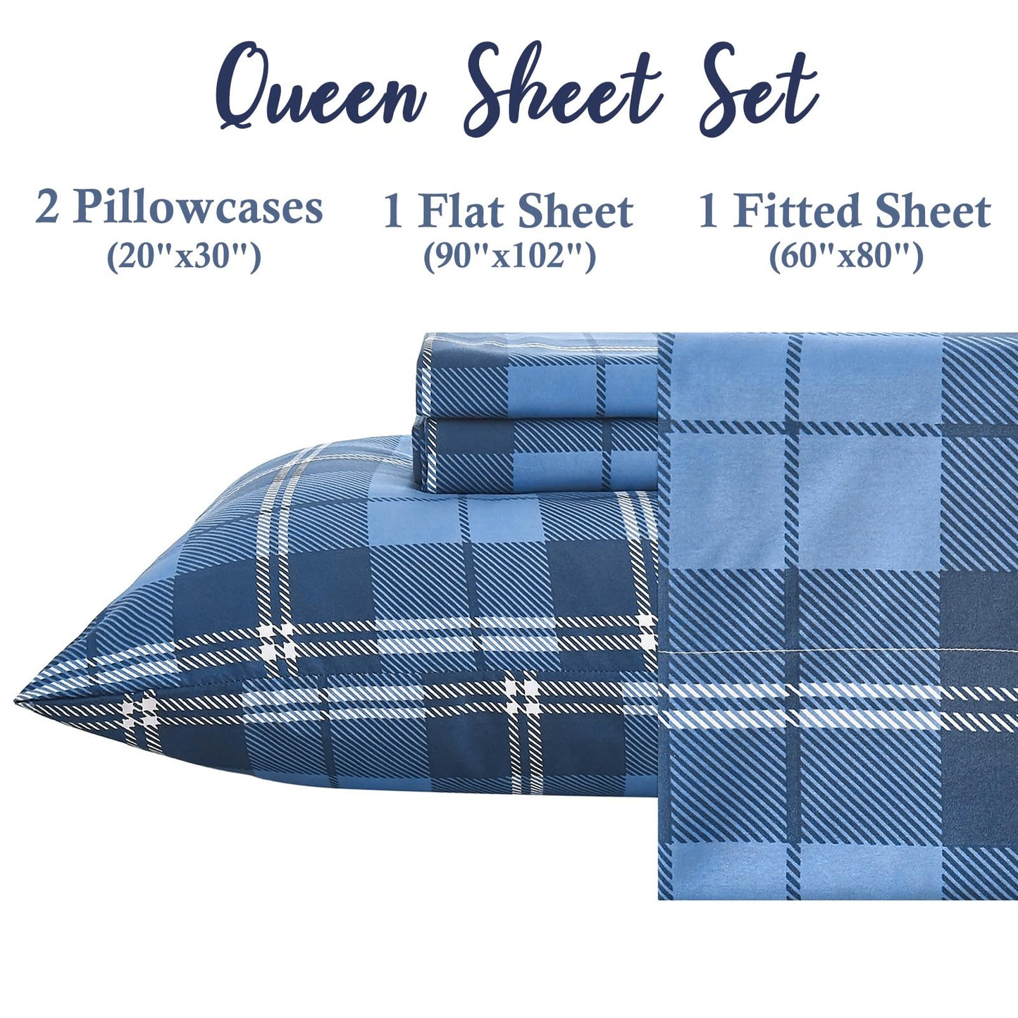 MICORAL Queen Sheet Set Plaid Patten, 4-Piece Printed Sheets, Silky & Lightweight Bedding Set, 16" Deep Pocket, Ultra Soft & Cooling Sheet, Oeko-TEX Certified, Plaid Royal Blue