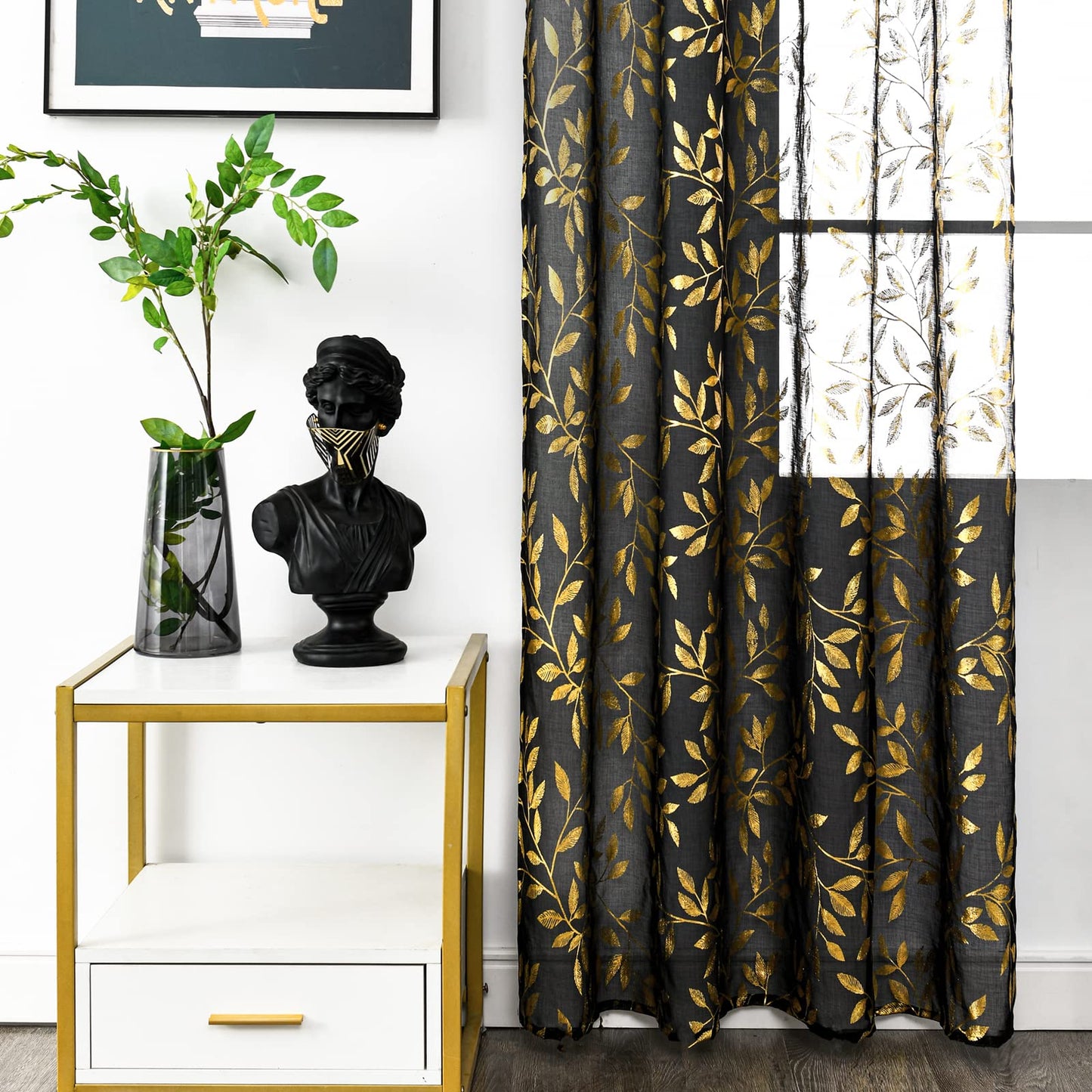 Deeprove Black Sheer Curtains 84 Inch Length 2 Panels Set, Gold Foil Metallic Branch Vine Leaves Print Window Treatments for Bedroom Halloween Decor, Bronzing Drapes Pair Rod Pocket 52" W x 84" L