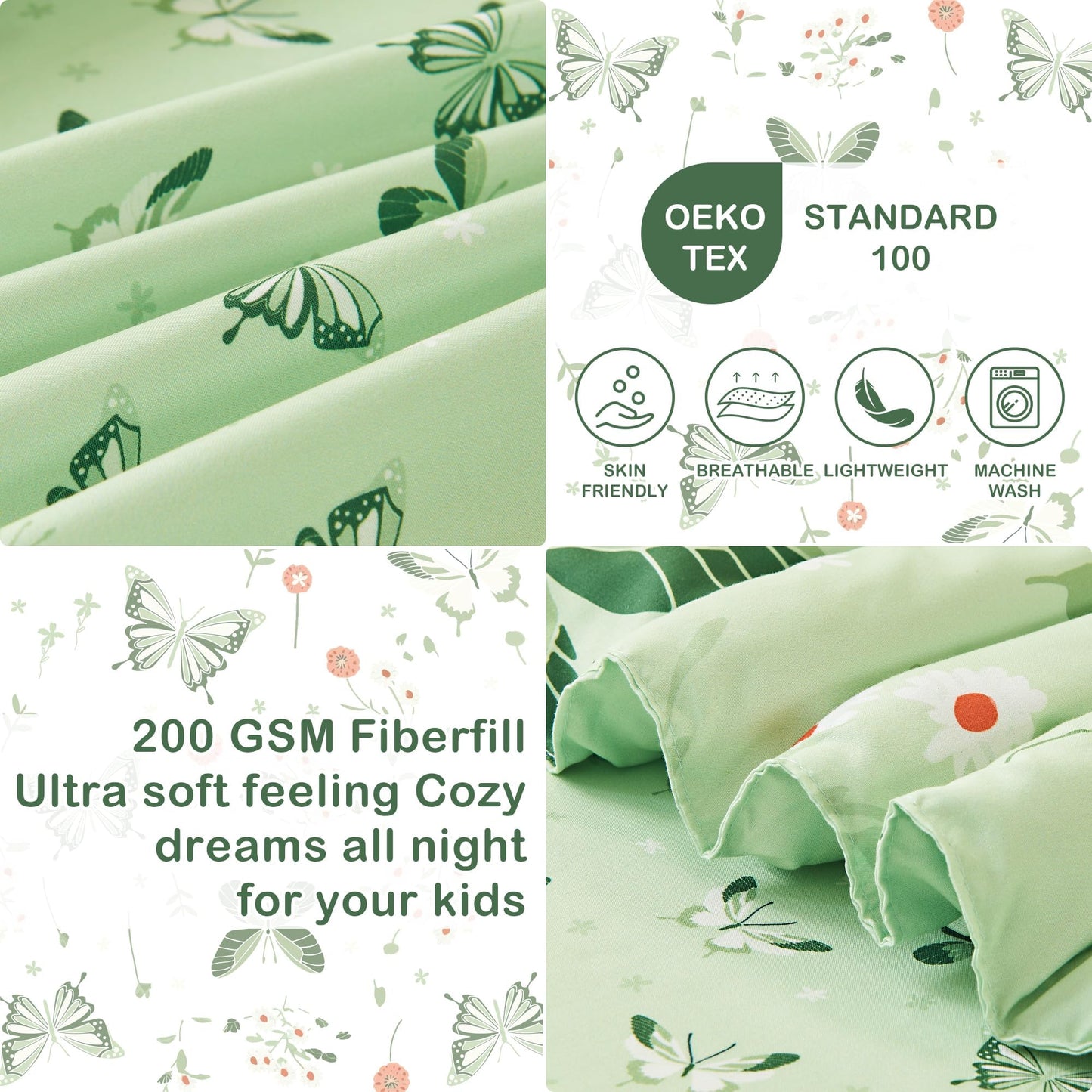 Mooreeke 4 Pieces Toddler Bedding Set - Soft Sage Green Butterfly Toddler Comforter Sets for Girls, Includes Quilted Comforter, Flat Sheet, Fitted Sheet and Pillowcase, Bed in A Bag for Baby Bedroom