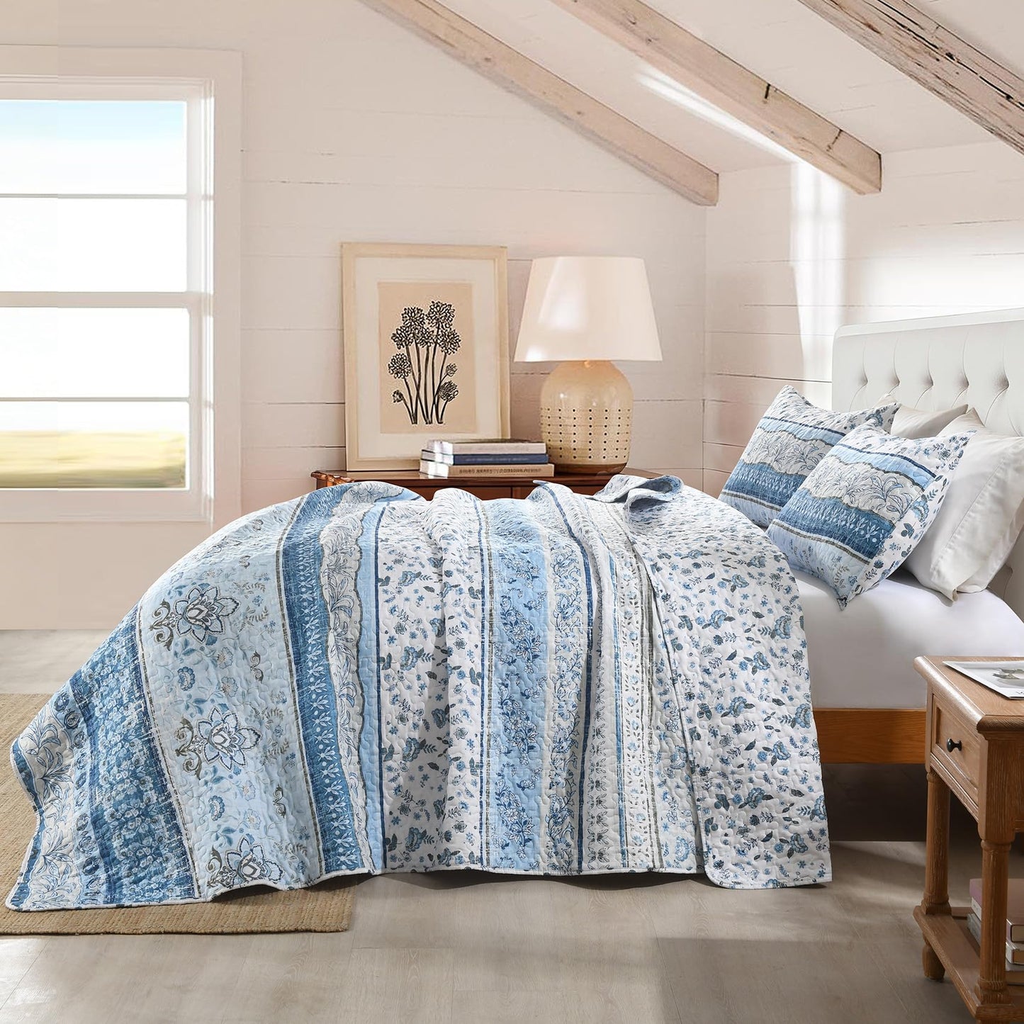 HORIMOTE HOME Boho Quilt Queen Size Blue Bohemian Floral Quilt Bedding Set, Soft Lightweight Boho Comforter Set Queen for All Season, Farmhouse Bedspread Coverlet with 2 Pillow Shams, 90 x 96 inches