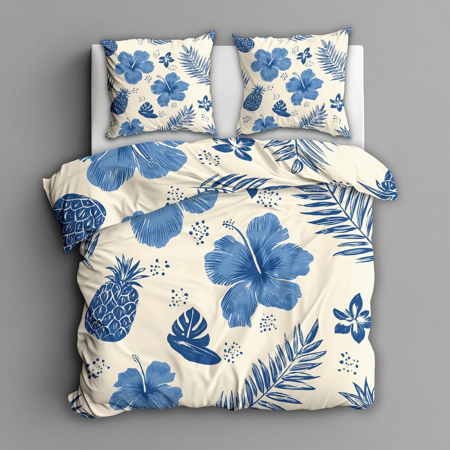 Tropical Floral Full Duvet Cover Set 3 Piece, Hawaiian Hibiscus Flower Reversible Bedding with 2 Pillow Shams, Zipper & Ties, Ultra Soft Microfiber, Floral Bedroom Decorations 49A-K