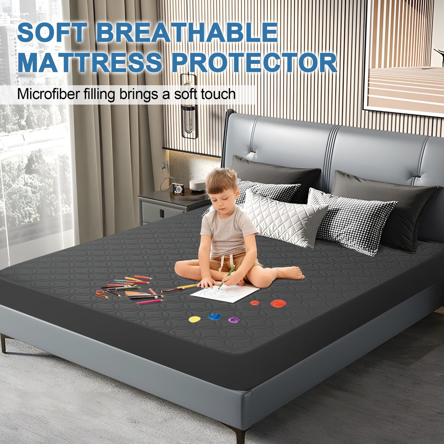 GUHER Waterproof Mattress Protector Twin XL Size,Breathable Bed Cover 3D Air Fabric Mattress Pad Cover,Noiseless＆Ultra-Soft Washable Bed Cover with 6"-14" Deep Pocket (Gray)