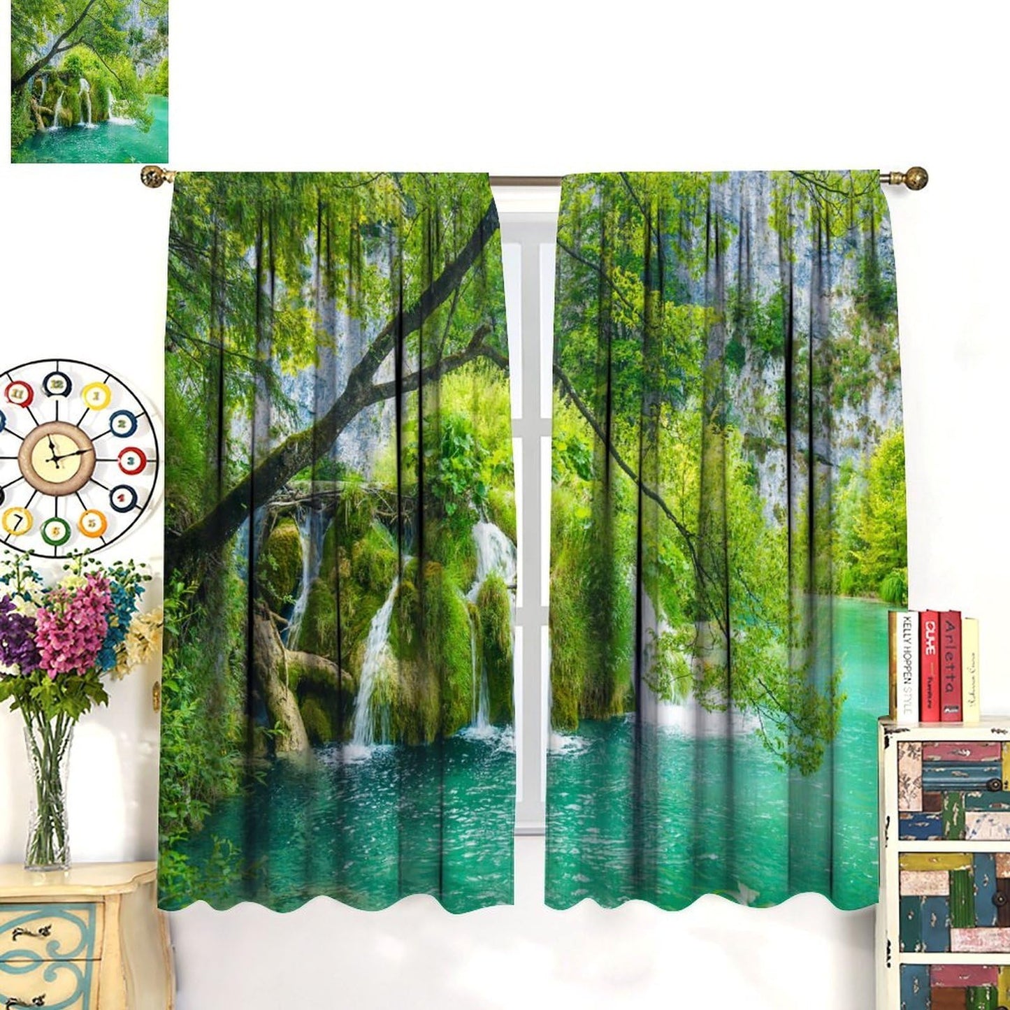 Nanacur Forest Waterfall Curtains, Nature Natural Scenery Rod Pocket Window Treatment for Living Bedroom Office Cafe Kitchen Drapes 41" W X 45" L (No Blackout)