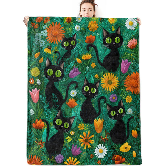 olpddz Black Cat Daisy Flannel Blanket Gifts for Pet Lover,60x50inch,Whimsical Garden Throw Blankets with Cute Kitten and Wildflower,for Bedroom,Sofa,Living Room,Camping Home Decor Throws