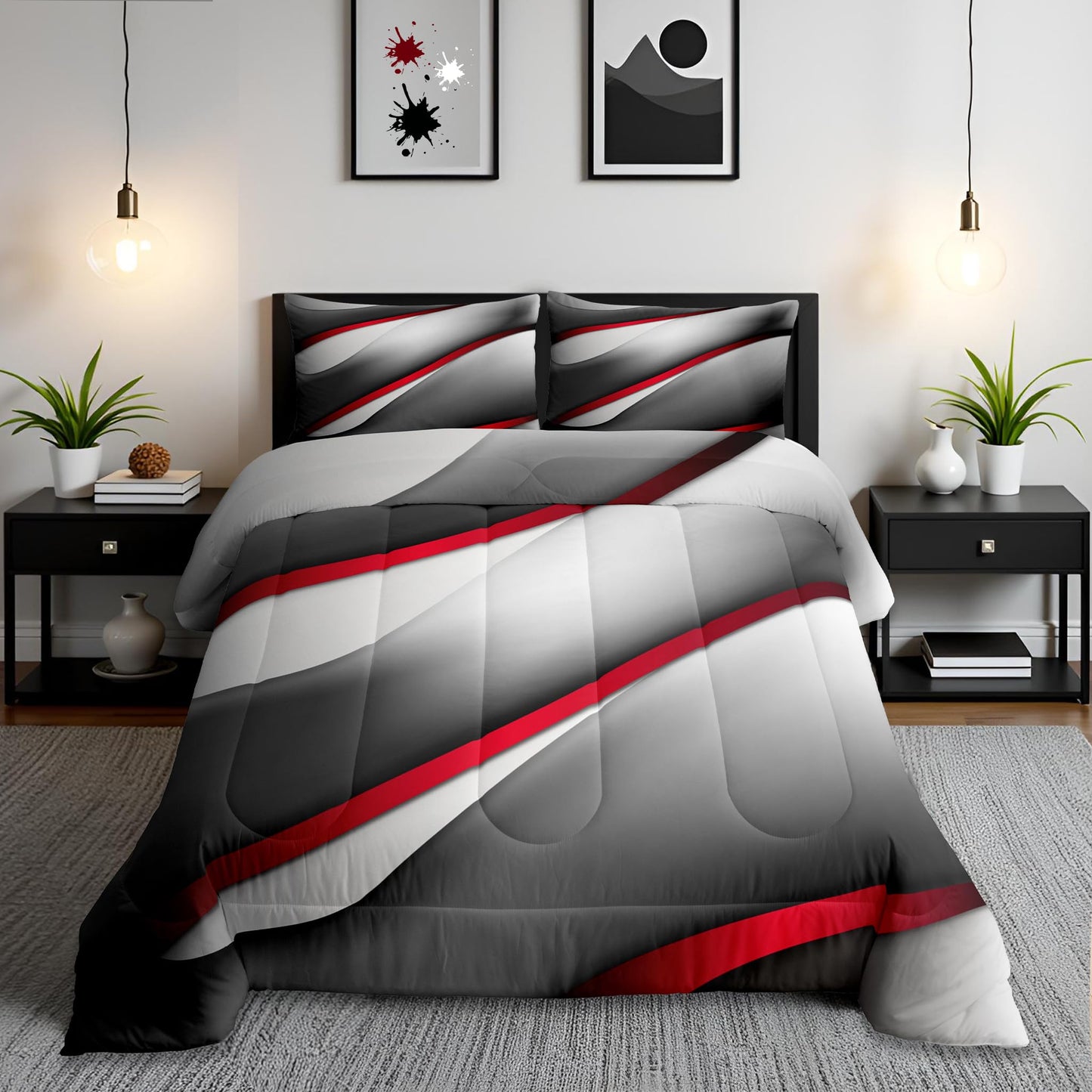 Castle Fairy Modern Gray Red Black Comforter Set Full Size Abstract Stripes Quilt Set 3pcs for Kids Youth Men Women Bedroom Decor 3D Stripes Bedding Set Gradient Simple Duvet Insert,2 Pillowcases