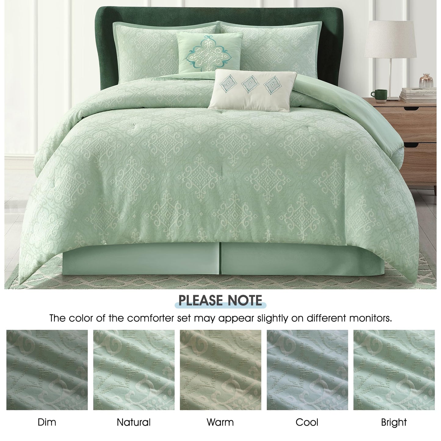LANCO MODERN LIFESTYLE Sage Queen Comforter Set, Cotton Fabric, Luxury and Comfortable for All Seasons, 6 Pieces Bedding Set with Pillow Shams, Decorative Pillows and Bedskirt