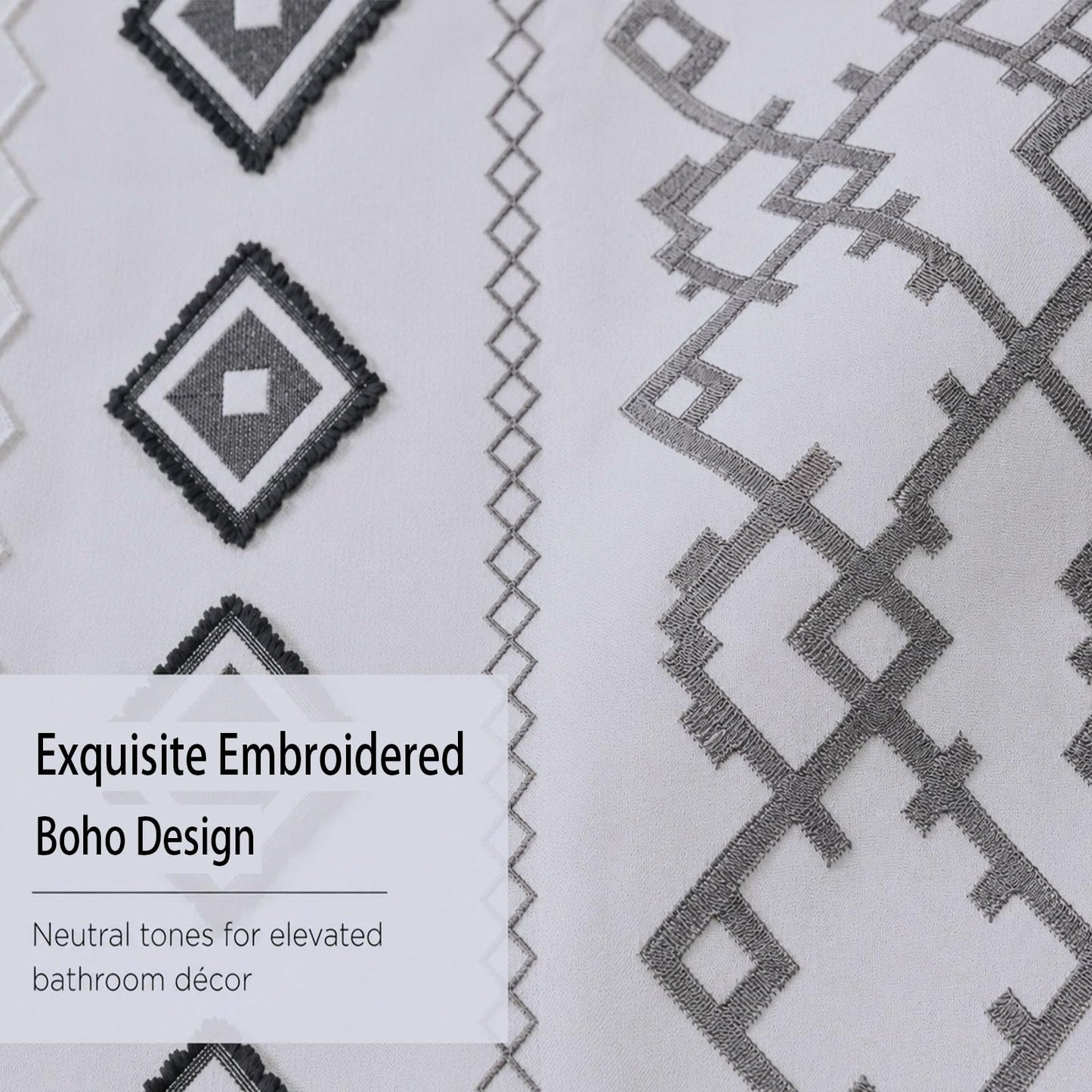 Accnicc Boho Fabric Shower Curtain with Metal Hooks, 3D Tufted Striped Modern Farmhouse Grey White Cloth Shower Curtains for Bathroom, Minimalist Geometric Textured Bath Curtain Decor 72 x 72 Inch
