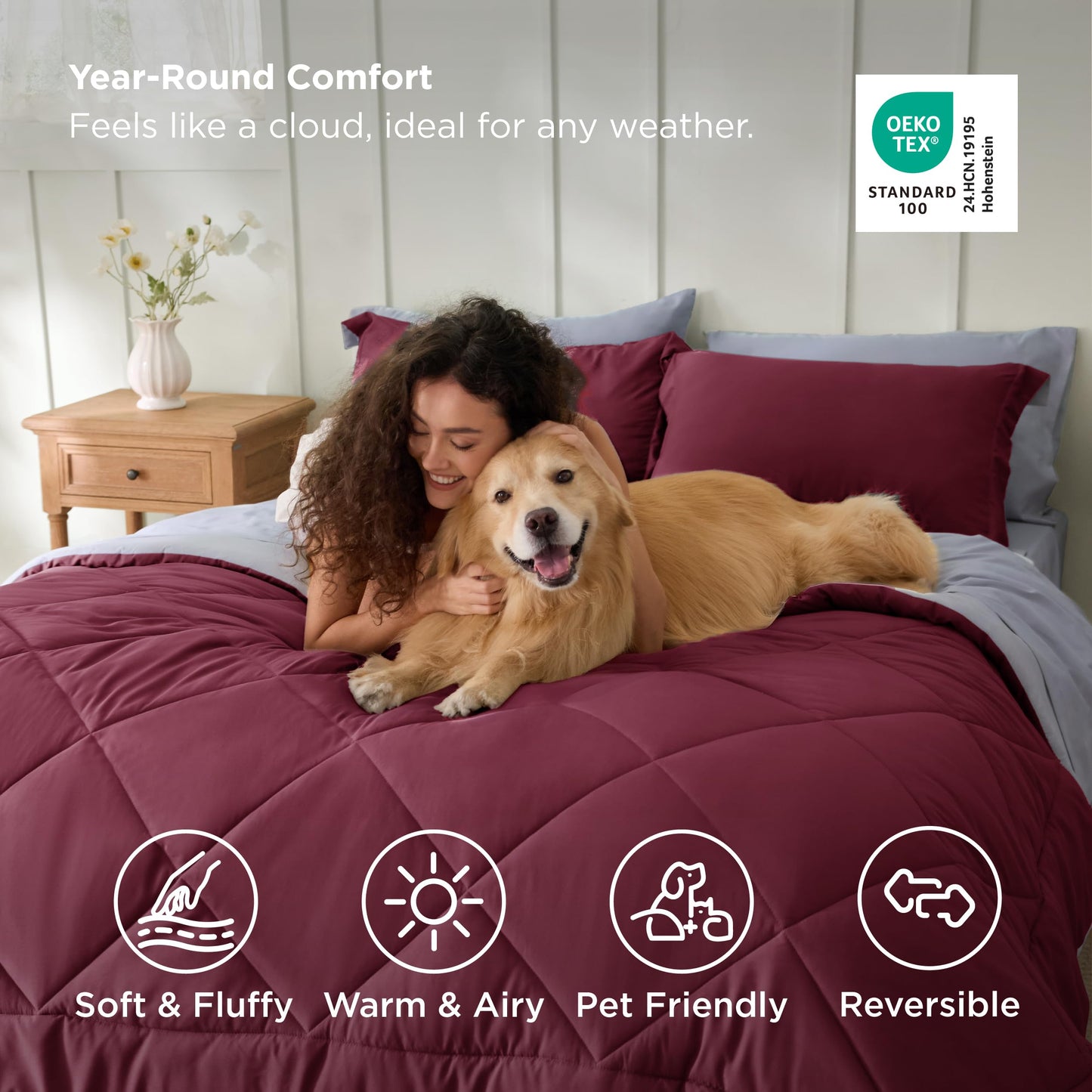 Bedsure Twin XL Comforter - 5 Pieces Reversible Burgundy Bed in a Bag, Twin XL Bedding Comforter Set College Dorm Essentials with 1 Flat Sheet, 1 Fitted Sheet, 1 Pillowcase and 1 Pillow Sham