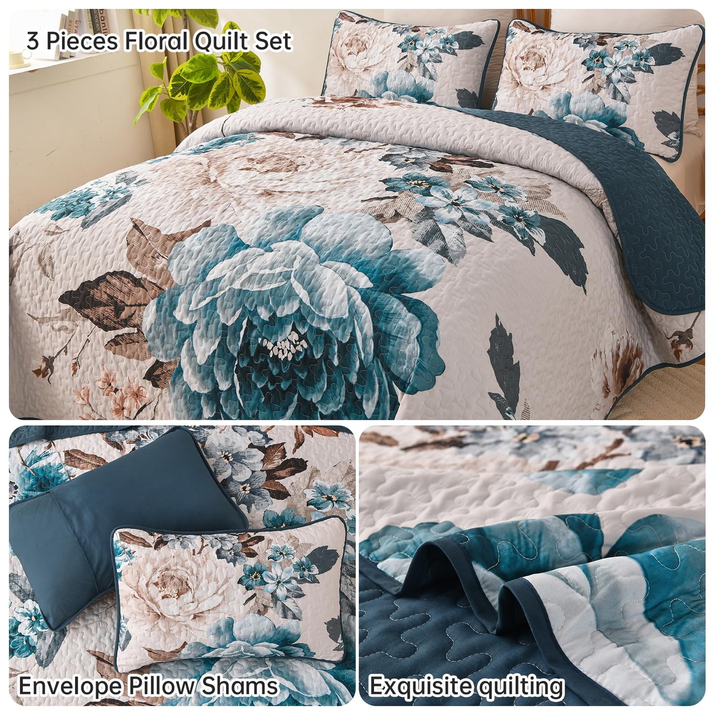 WONGS BEDDING Floral Quilt Set Aqua Queen,Quilted Printed Lightweight Bedspread Bedding Set for All Season,3 Pieces Reversible Botanical Plant Coverlet Set with 2 Pillow Shams