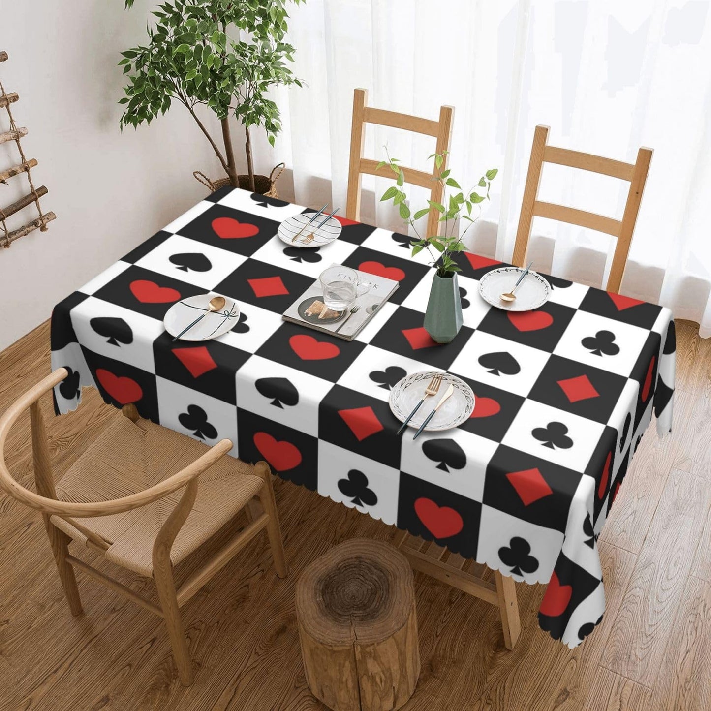 GOUROISE Playing Cards Rectangular Tablecloth, Card Pattern 54x72 Inch Wavy Lace Border Polyester Table Cloth for Dining, Kitchen, Parties