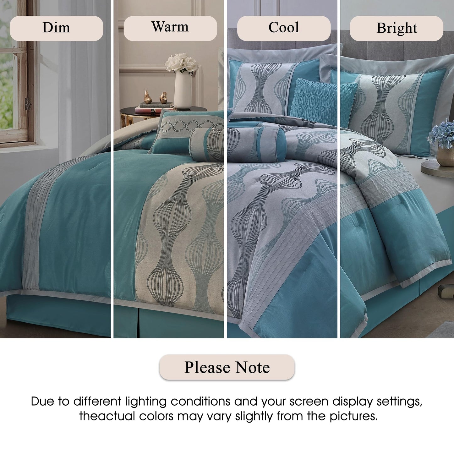 Stratford Park 7 Piece Blue Comforter Set, Queen Size Jacquard Bedding Set, All Season Geometric Patchwork Bedding Set, Matching Pillows, Shams, Bed Skirt