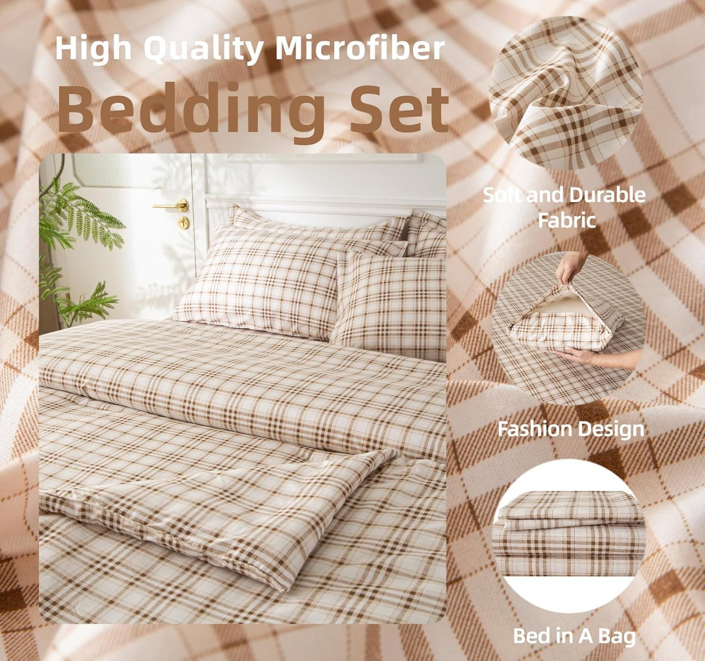 SDY Brown Plaid Twin Size Comforter Set, Luxury Soft Bed in a Bag Twin 7 Pieces, All Season Bedding Set with Comforters, Sheets, Pillowcase & Sham
