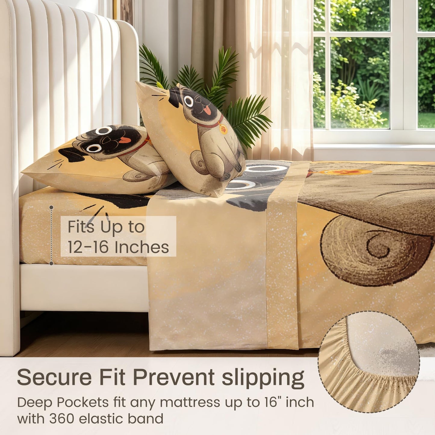 Pug Dog Sheet Set, 4 Pcs Queen Size Funny Puppy Bed Sheets, Beige