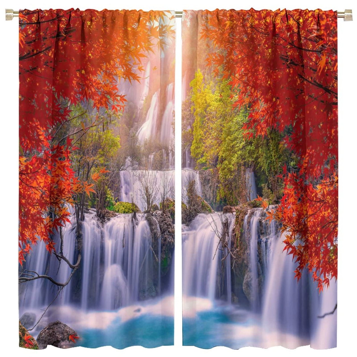 GoDazzling Forest Waterfall Blackout Windows Curtains, Autumn Red Green Maple Leaves Jungle Rainforest Natural Scenery Landscape Curtains, for Living Room Bedroom 42x45in 2 Panels