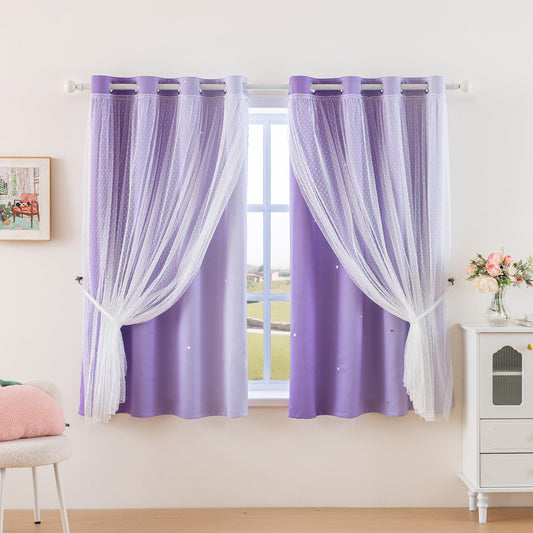 MYSKY HOME Kids Lilac Curtains for Girls Bedroom Decor 63 Inches Long Ombre for Kids Room Nursery, Thermal Insulated Blackout Star Cut Out Curtain Grommet Drapes, W52 x L63 Inches, 2 Panels