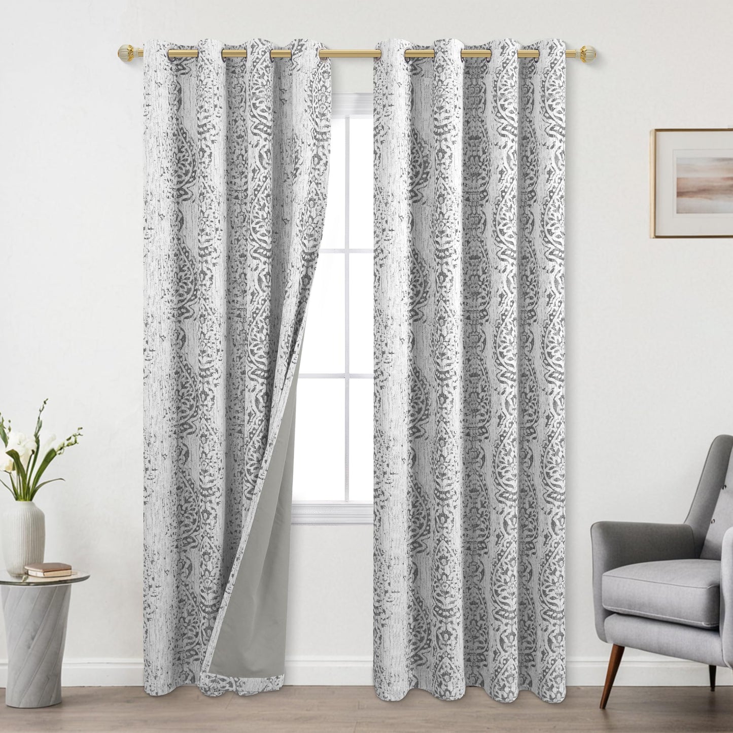 KOUFALL Patterned Blackout Curtains for Bedroom 84 Inch Long,Grey Light Gray Black Out Moroccan Geometric Pattern Curtains for Living Room 2 Panels Set