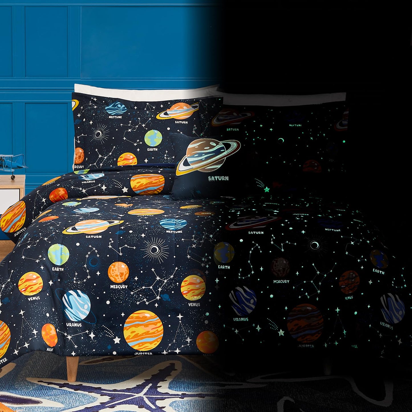Wink Deer Twin Comforter Set for Boys-3 Pieces Space Glow in the Dark Twin Bedding Sets for Kids,1 Comforter,1 Sham and 1 Decor Pillow