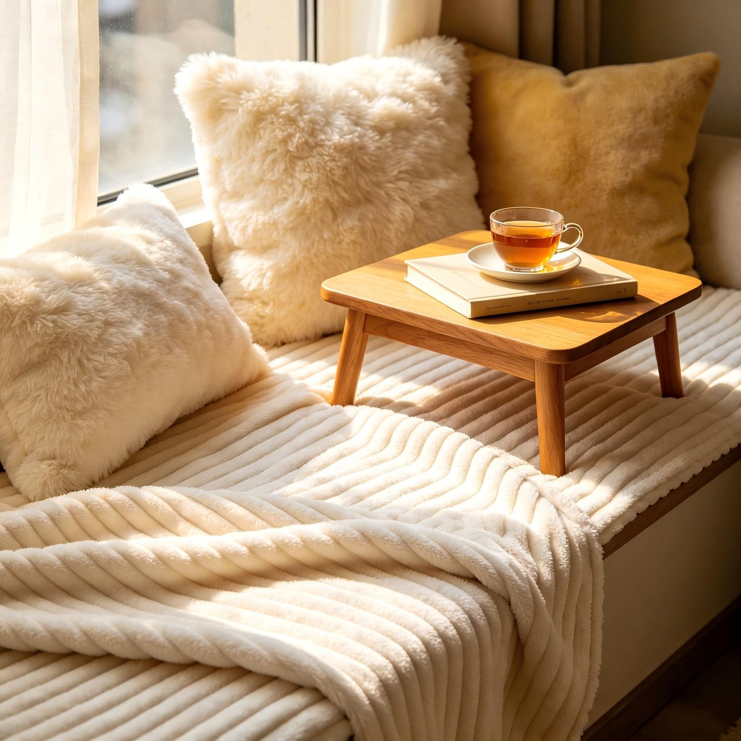 Throw Blanket for Couch, Fuzzy Soft Corduroy Blanket 50"x60", Lightweight Decorative Blanket for Living Room Bedroom Sectional Sofa, Cream White