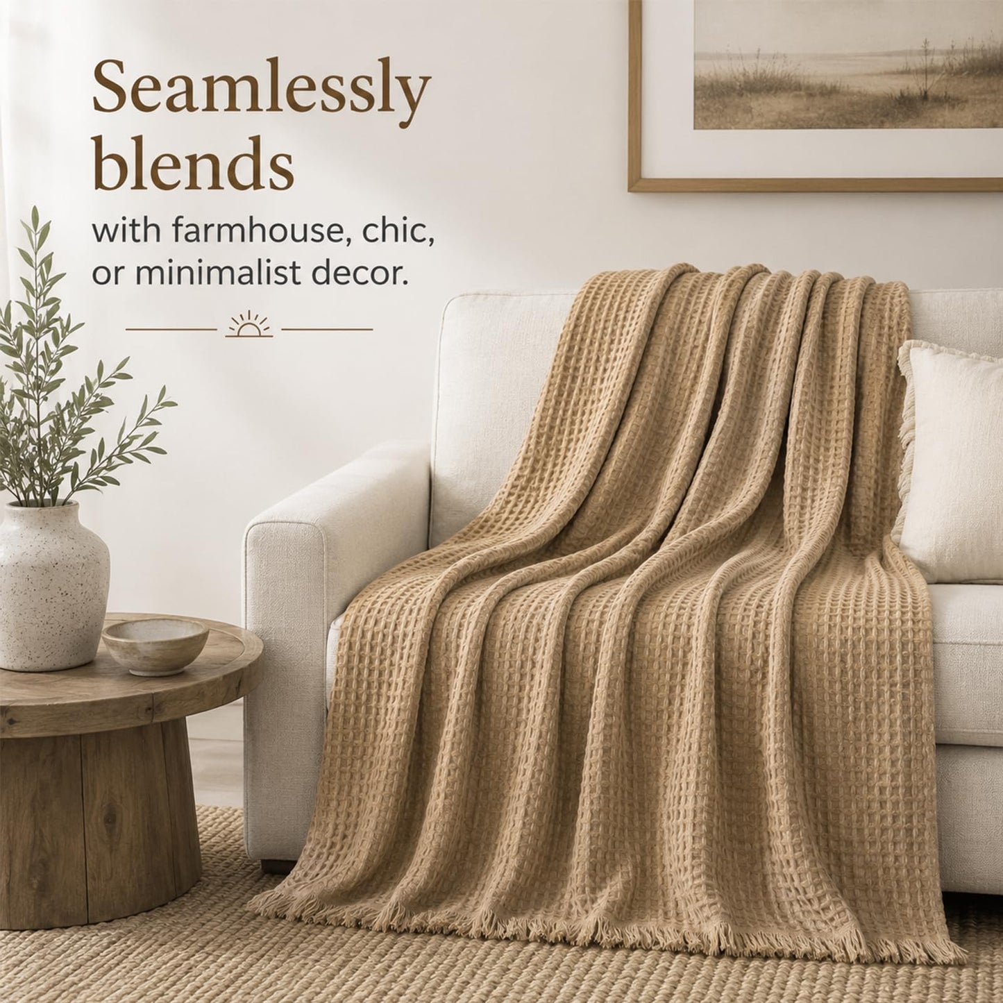 Luxury Waffle Weave Throw Blanket with Eyelash Fringes, 50 x 70 Inches High-End Accent Decor Blanket for Couch, Bed & Sofa, Modern Boho Farmhouse Living Room Aesthetic Statement Piece, Camel